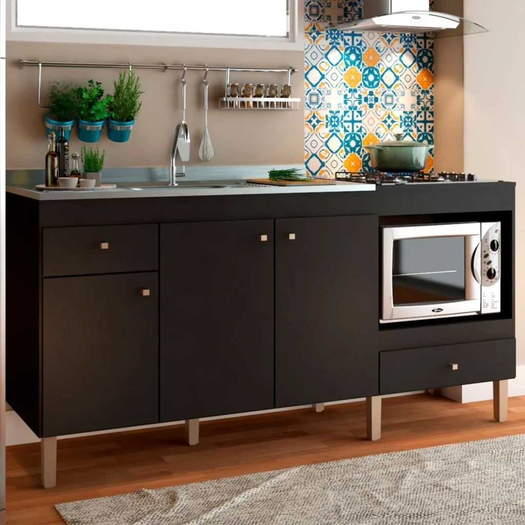 Armário de Cozinha Compacta para Pia 3 Portas 2 Gavetas Espaço para Forno e Cooktop Itália Preto - LARVORI